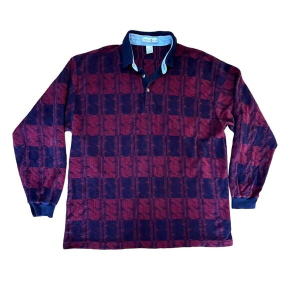 Vtg '90s Penguin Club Burgundy & Blue All Over Design Long Sleeve Polo Shirt XL - Picture 2 of 9
